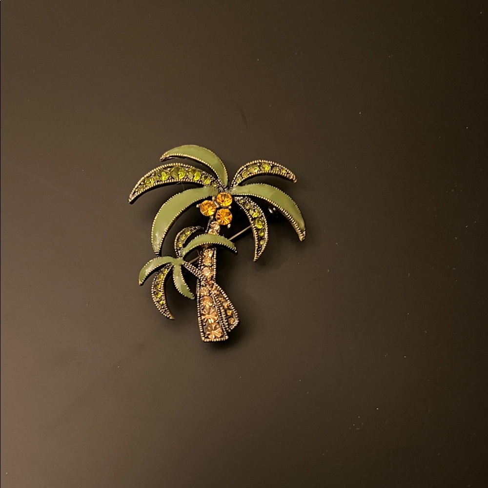 Vintage Palm Tree Brooch with Green and Yellow Details